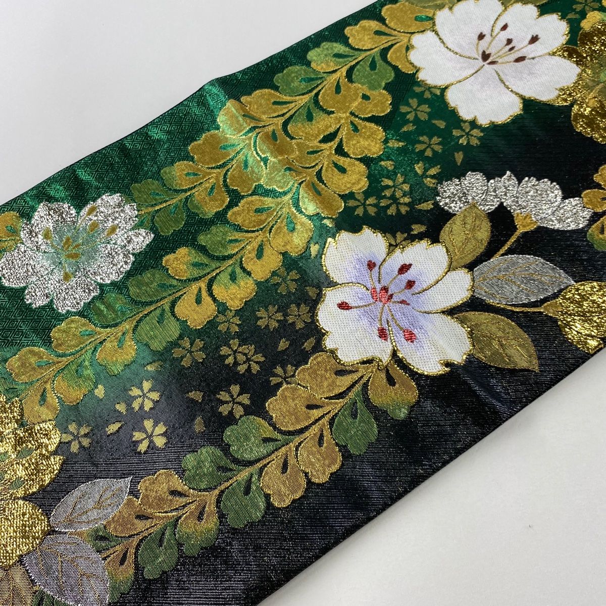 袋帯 秀品 振袖向き 草花 桜 金銀糸 箔 緑 六通 正絹 【中古