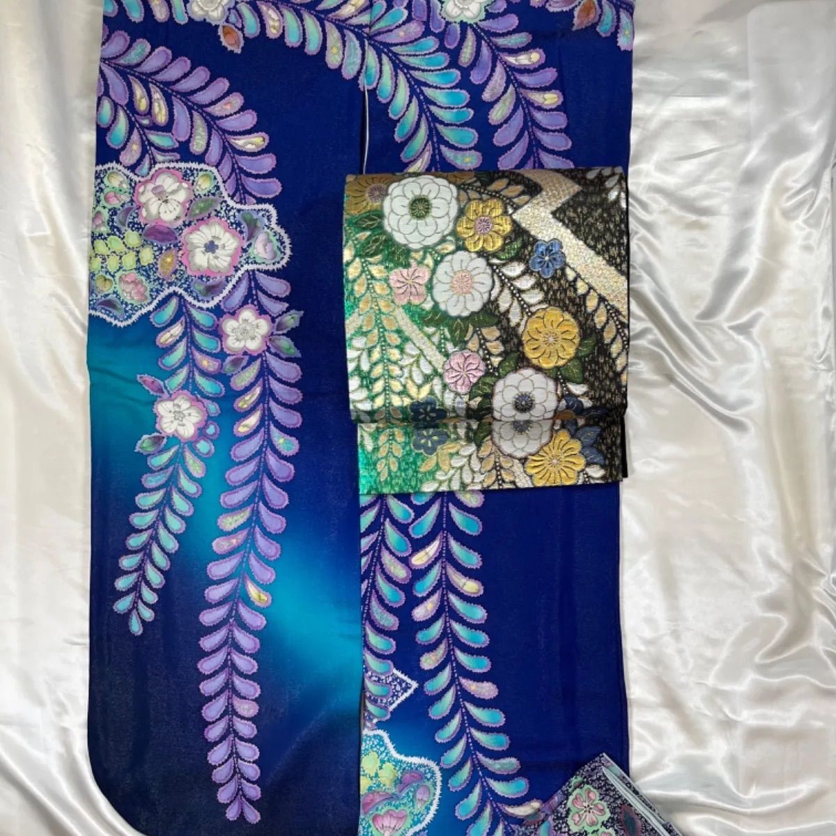 美品豪華綺麗青辻が花身丈171cm裄丈69cm正絹振袖＋正絹袋帯セット 