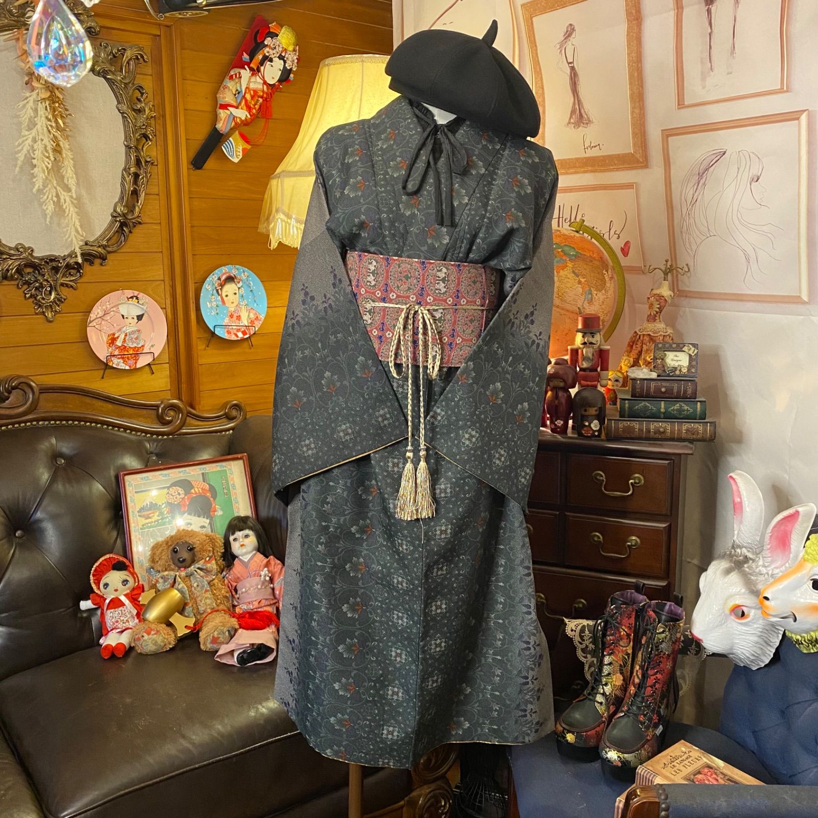 和洋折衷 着物 リメイク ワンピース ドレス 洗える 化繊 名古屋帯  