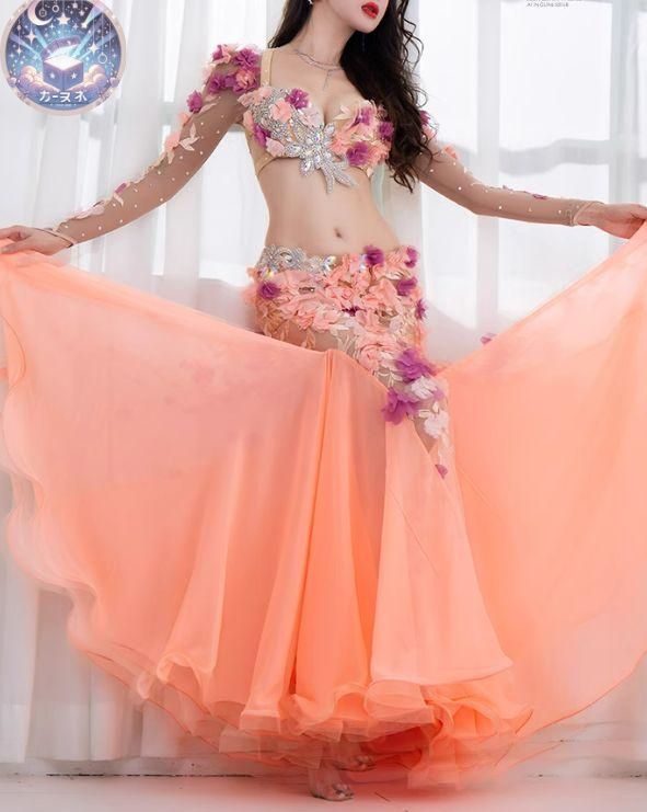 セールベリーダンス衣装 ブラスカートセット オレンジ系 花 オーダーメイド 新品 未使用 新作 ベリーダンス衣装 ブラスカートセット