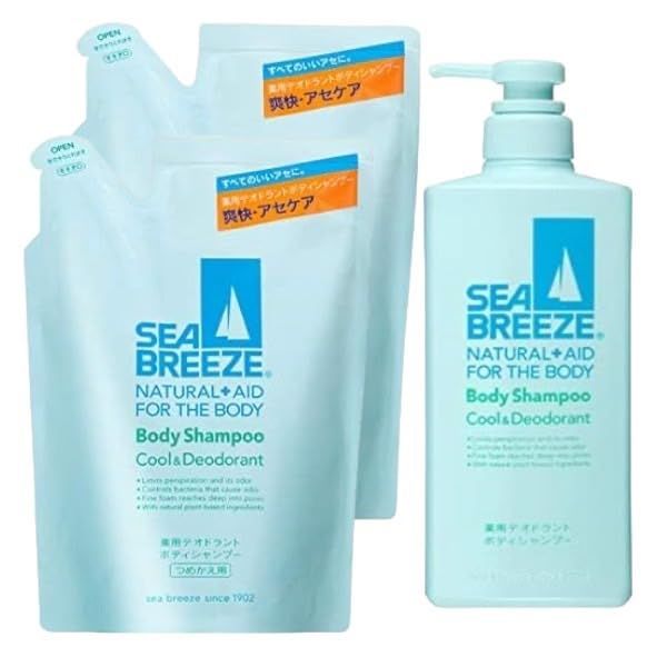 【まとめ買いセット】 SEABREEZE(シーブリーズ）薬用デオドラントボディシャンプー 本体1本(600ml) + つめかえ2袋 (400ml) × 2個 ボディソープ 自社名入りシール付『FeeLs.』