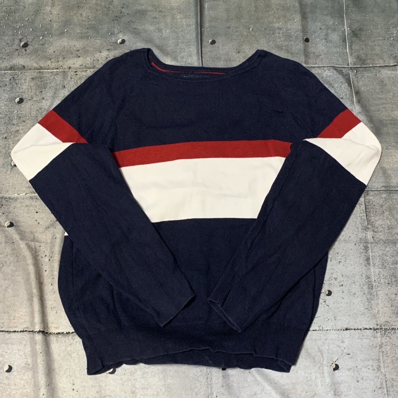 TOMMY JEANS ネイビー×ホワイト×レッド クルーネックニット XL