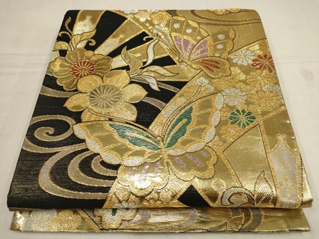 平和屋着物▽振袖用両面六通柄袋帯 花蝶文 金銀糸 正絹 逸品