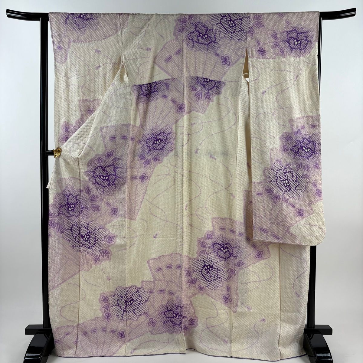 振袖 身丈171cm 裄丈67.5cm L 袷 桧扇 菊 金糸 金銀彩 茶緑色 正絹 秀品 中古