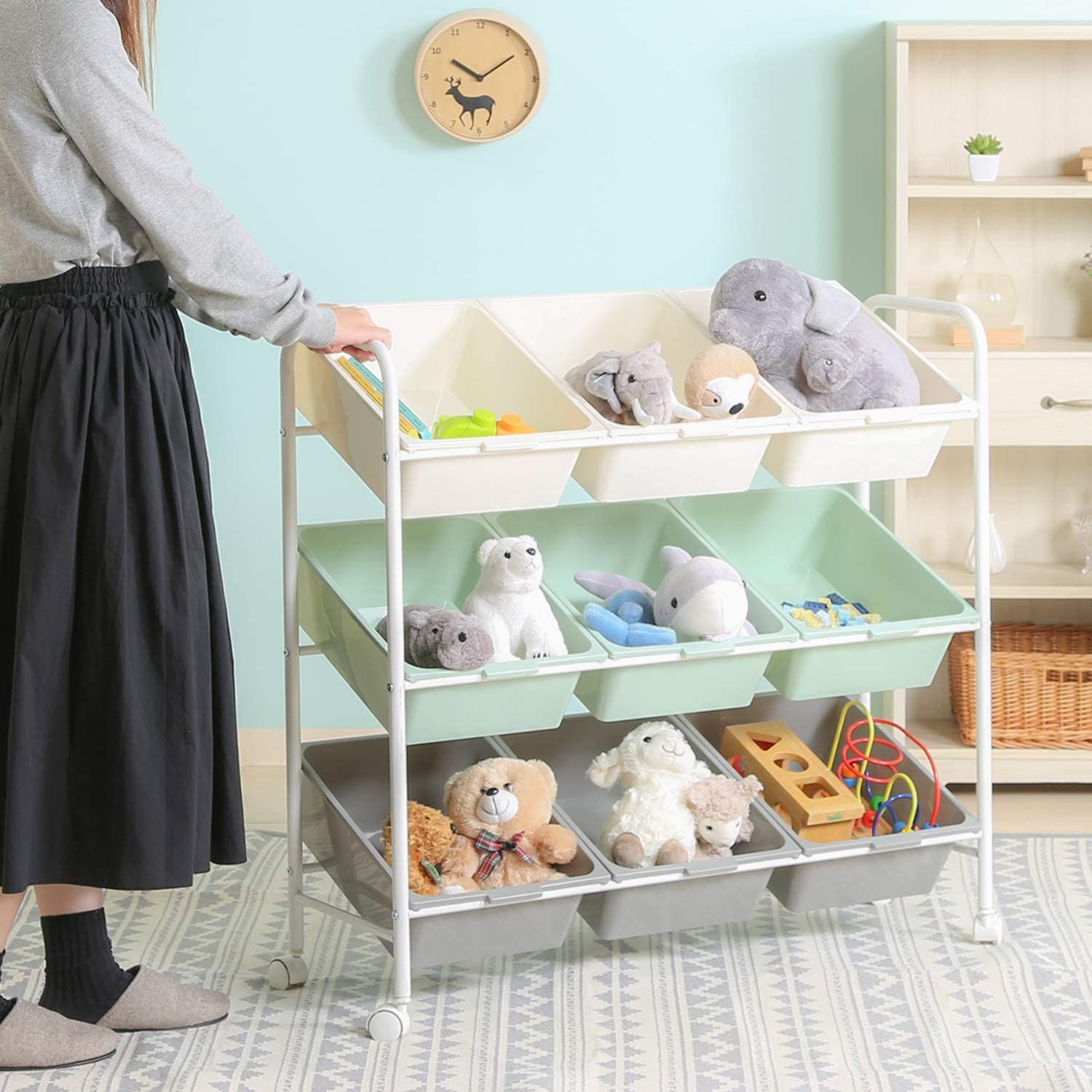  9マス グリーン 幅90.5×奥行36×高さ86 cm おもちゃ箱 おもちゃ収納 収納棚 知育 軽量 子供 ストッパー付き お片付けラック 38293 不二貿易 その他 ベビー家具 寝具