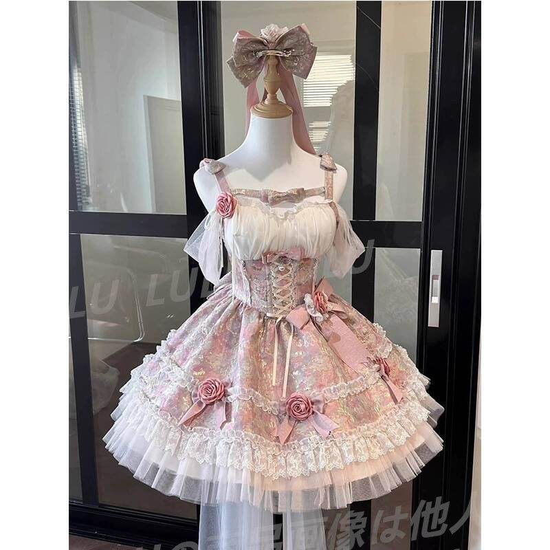夏季 フランス風 森系プリンセスドレス ロマンチックな初恋風 フリル付きロリータドレス ショートスカート ピンク|ブルー 蝶結びデザイン lo14