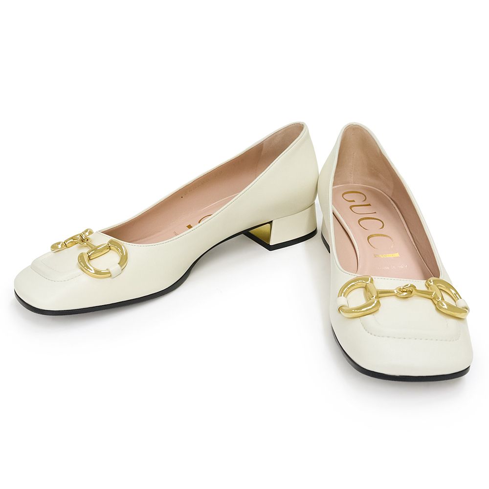 グッチ ホースビット 靴 38 25cm パンプス レザー ホワイト 白 ゴールド金具 645600 GUCCI