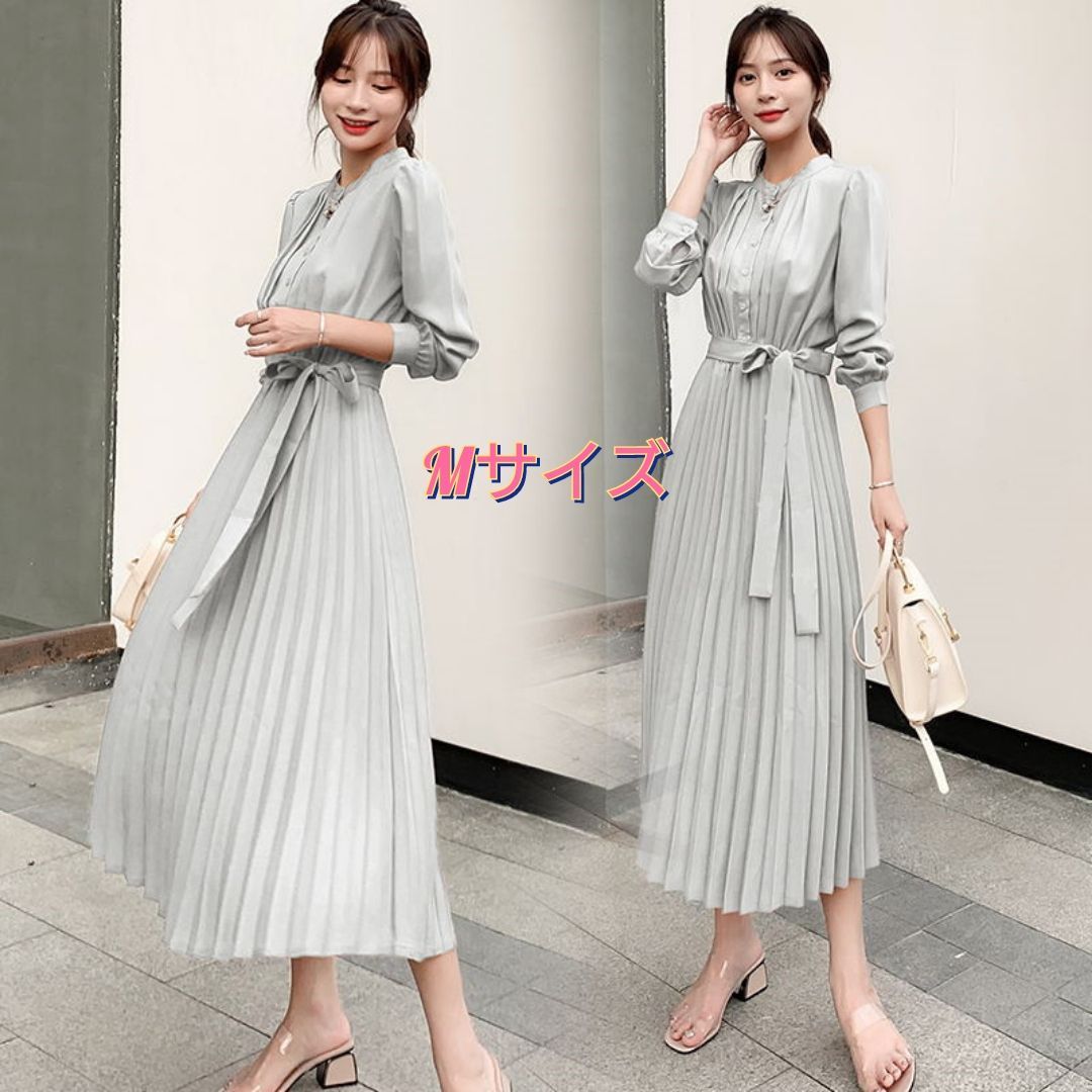 プリーツワンピース ロングワンピース フレア グレー Mサイズ  