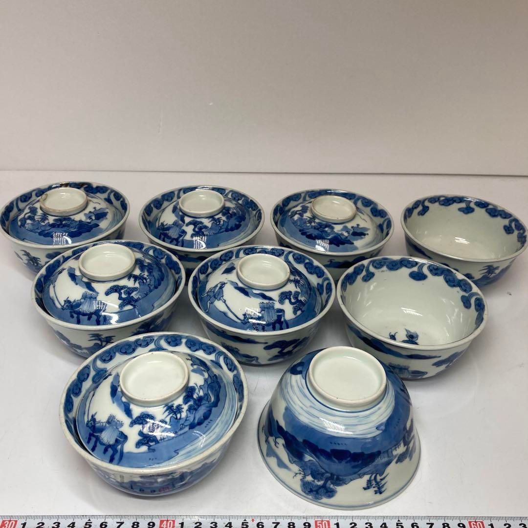 古伊万里 染付 人物画大蓋茶碗 9客 直径12.2cm 東H5-0822