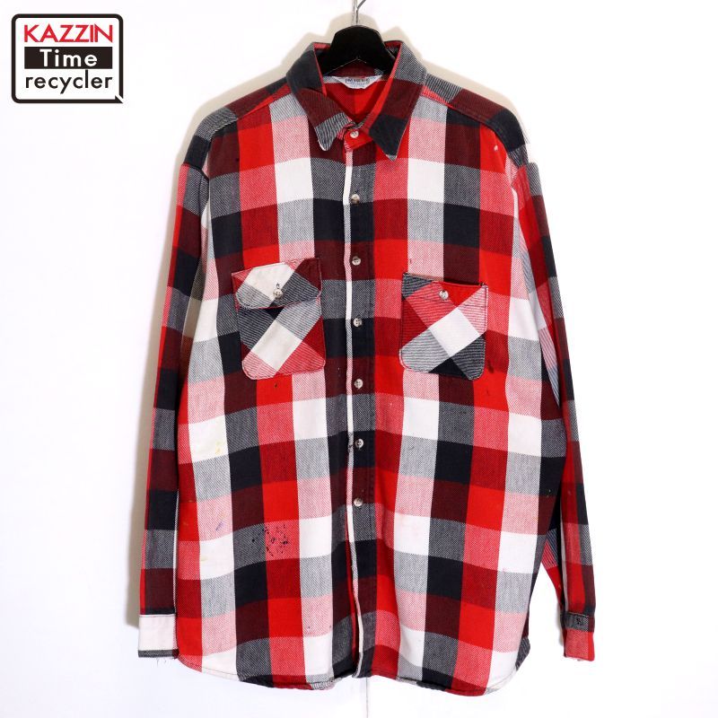 80s USA製 vintage FIVE BROTHER ブロックチェック柄 ネル 長袖シャツ