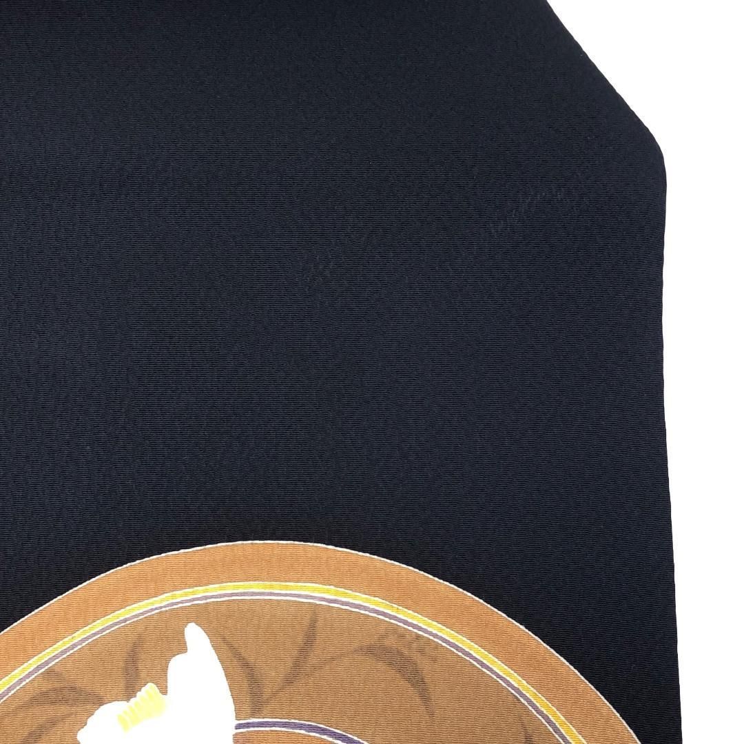 名古屋帯 美展作家 松本隆男 丸に鯉 花模様 縮緬 青褐色 O-5520