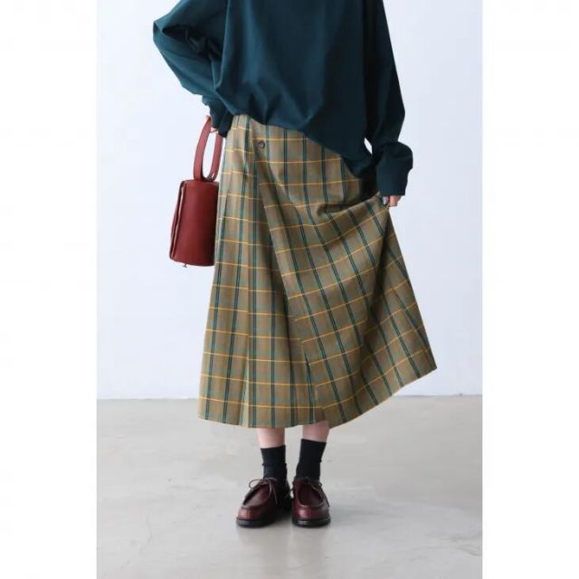KELEN ケレン | PLEATS DESIGN WRAP SKIRT QUIE yellow beige size M | 巻スカート風プリーツスカート