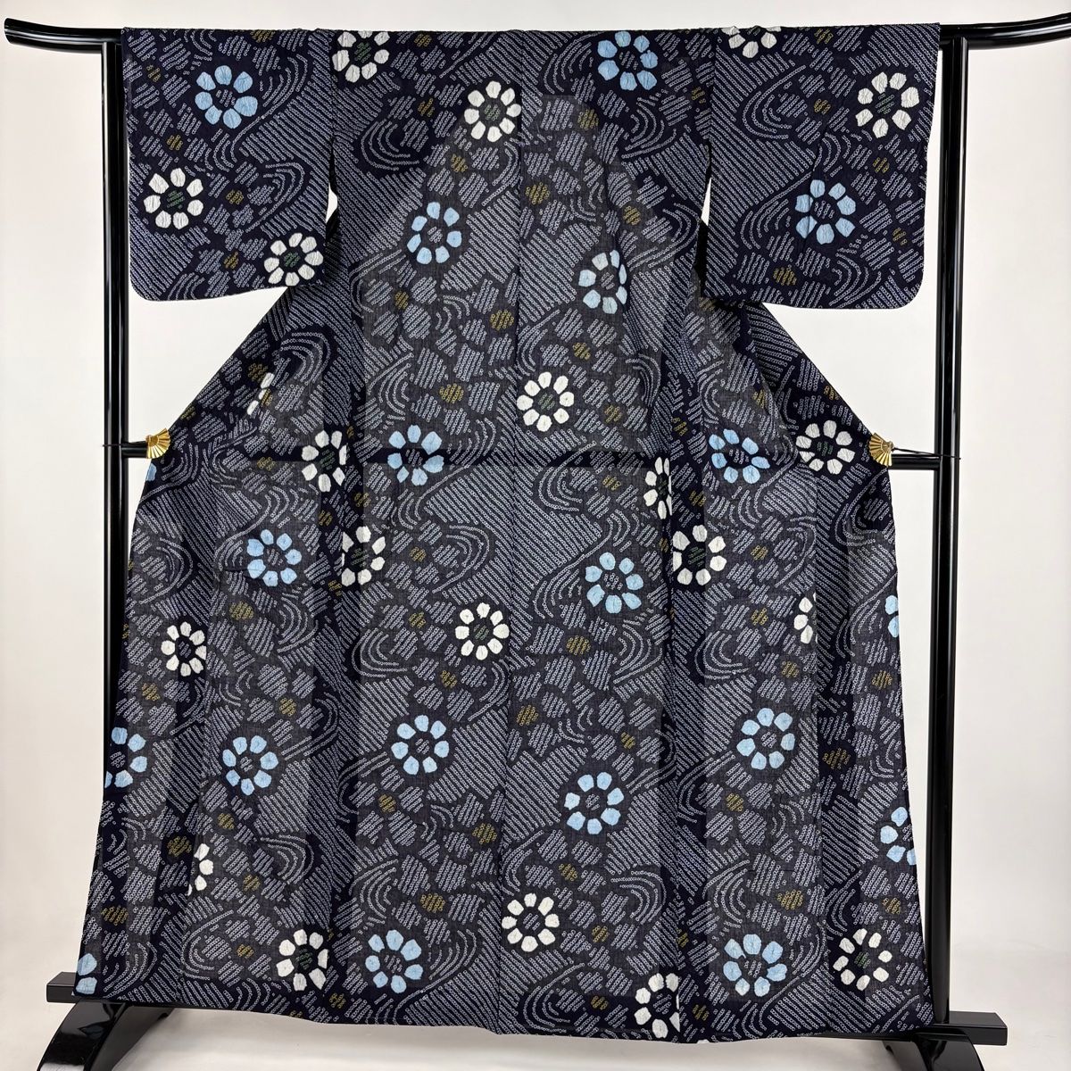 浴衣 身丈161cm 裄丈63cm S 絞り浴衣 花 流水 紺色 綿 名品