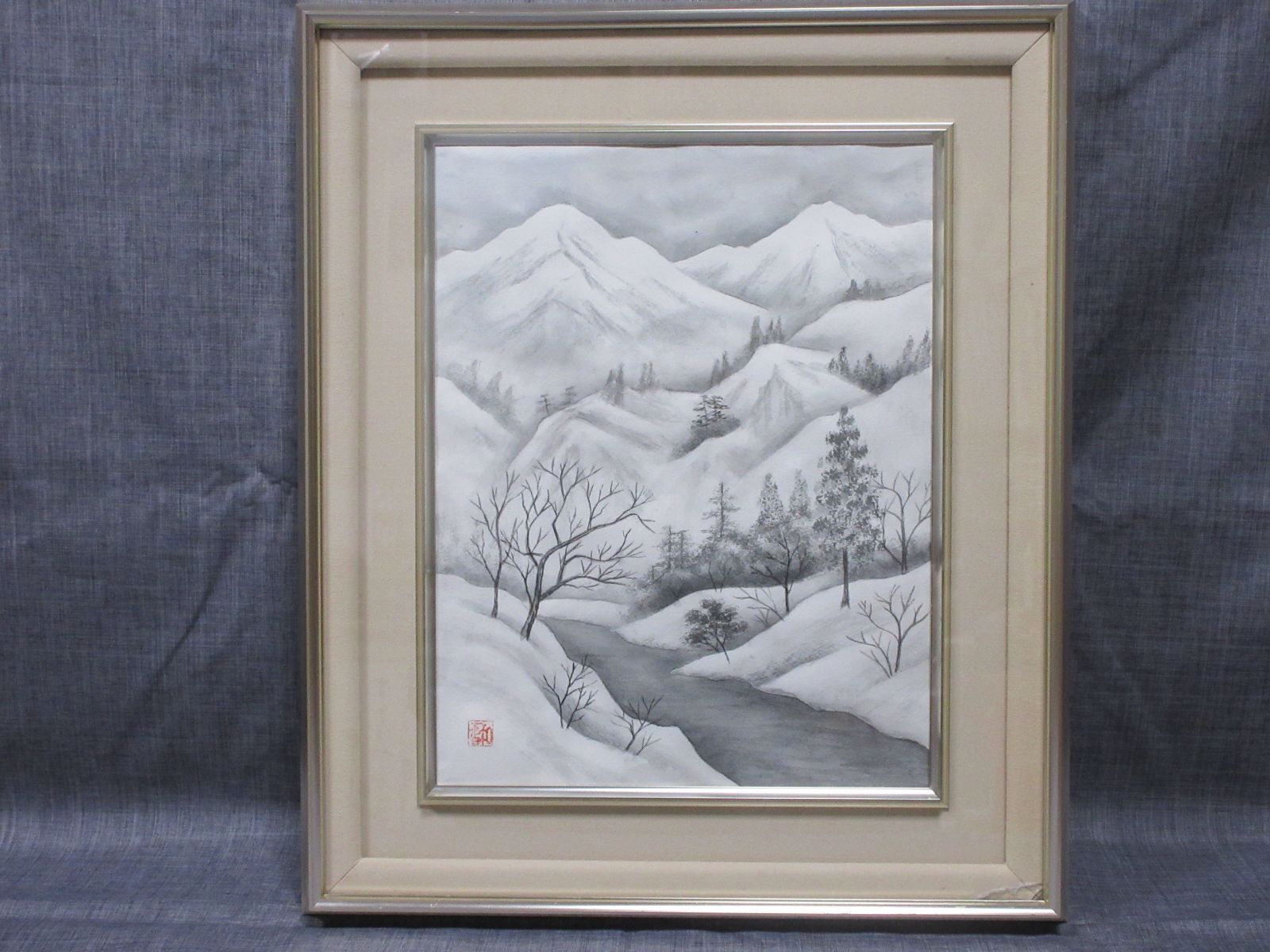 水墨画 墨絵 肉筆 雪国 山岳 風景画 額縁 - Gallery Kotobuki - メルカリ