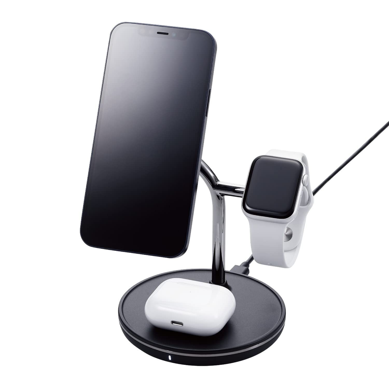 エレコム(ELECOM) ワイヤレス充電器 3in1 3台同時充電 [Magsafe対応のiPhone/Apple Watch/AirPods] マグネット内蔵 7.5W+5W Type-C(入力ポート) C-Cケーブル付属  [ブラック] [1)充電器単体]