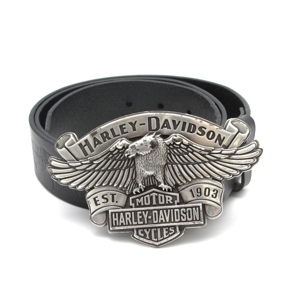 Harley Davidson ハーレーダビッドソン ロゴ型押し レザー 革 ベルト イーグル バックル ブラック シルバー バイク ファッション 小物
