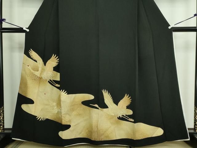 平和屋着物○豪華振袖 総絞り 飛鶴吉祥花文 黒地 金彩 正絹