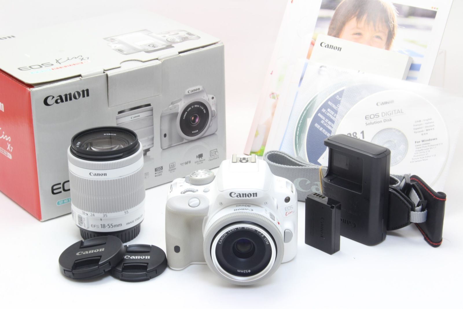 A Canon キヤノン EOS Kiss X7 ホワイト ダブルレンズ 40mm 18-55mm ショット数7663回 初期不良返品無料 3-189