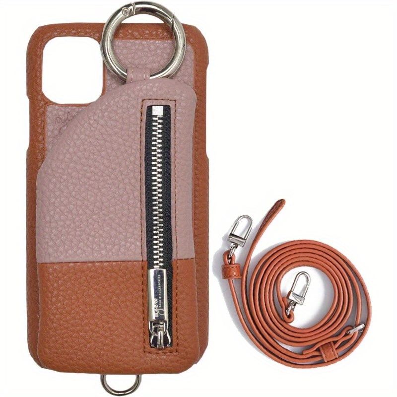 新着商品 スタイリッシュなキャメル色のフェイクレザー＆水玉柄のファスナー付きiPhoneケースキーリング＆オレンジ色のストラップ付き - 耐久性のあるメタルチェーンストラップテクスチャード仕上げ便利な持ち運びデザインoUh