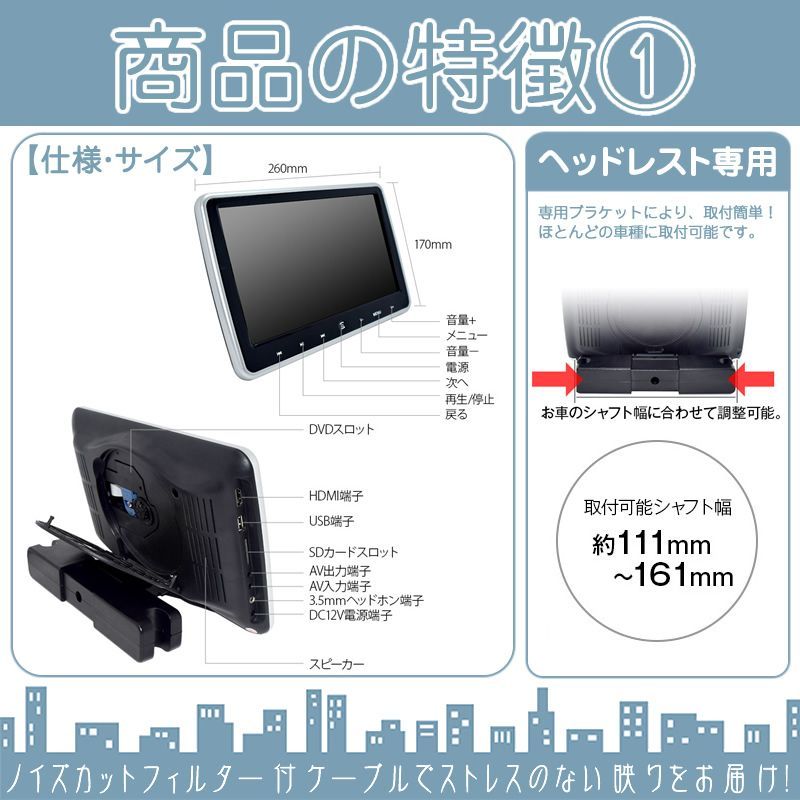 10.1インチ ヘッドレストモニター DVD内蔵型 12V車 対応 外部 液晶