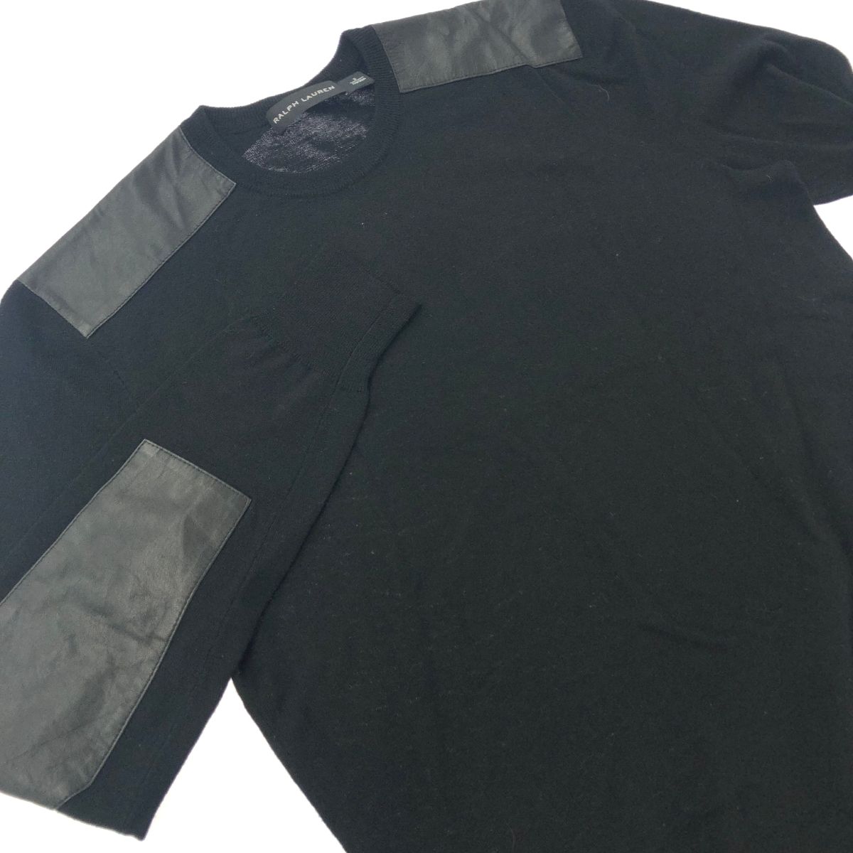 Ralph Lauren Black Label ラルフローレンブラックレーベル 長袖ニット サイズ:S レザー使い/エルボーパッチ    ブラック メンズ / 243001001835 Ralph Lauren Black Label ラルフローレンブラックレーベル 長袖ニット