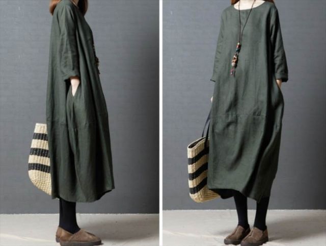 種類1：ブラック/M リネンワンピース マタニティワンピース 膝下