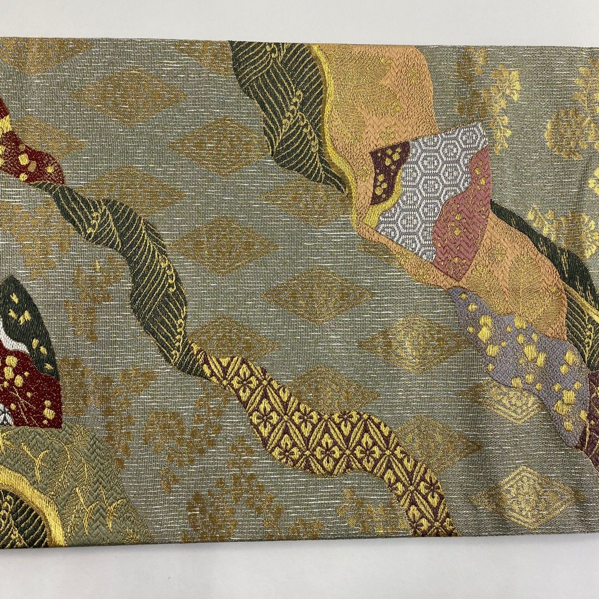 403my107☆総刺繍 袋帯 唐花 金糸 銀糸☆美品 袋帯 美品 秀品 花唐草 金銀糸 クリーム 六通 正絹 【中古
