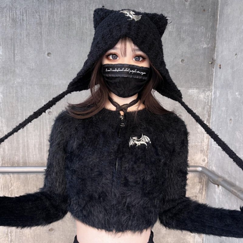 猫耳ニット帽 帽子 ブラック ウール 防寒 韓国 ストリート