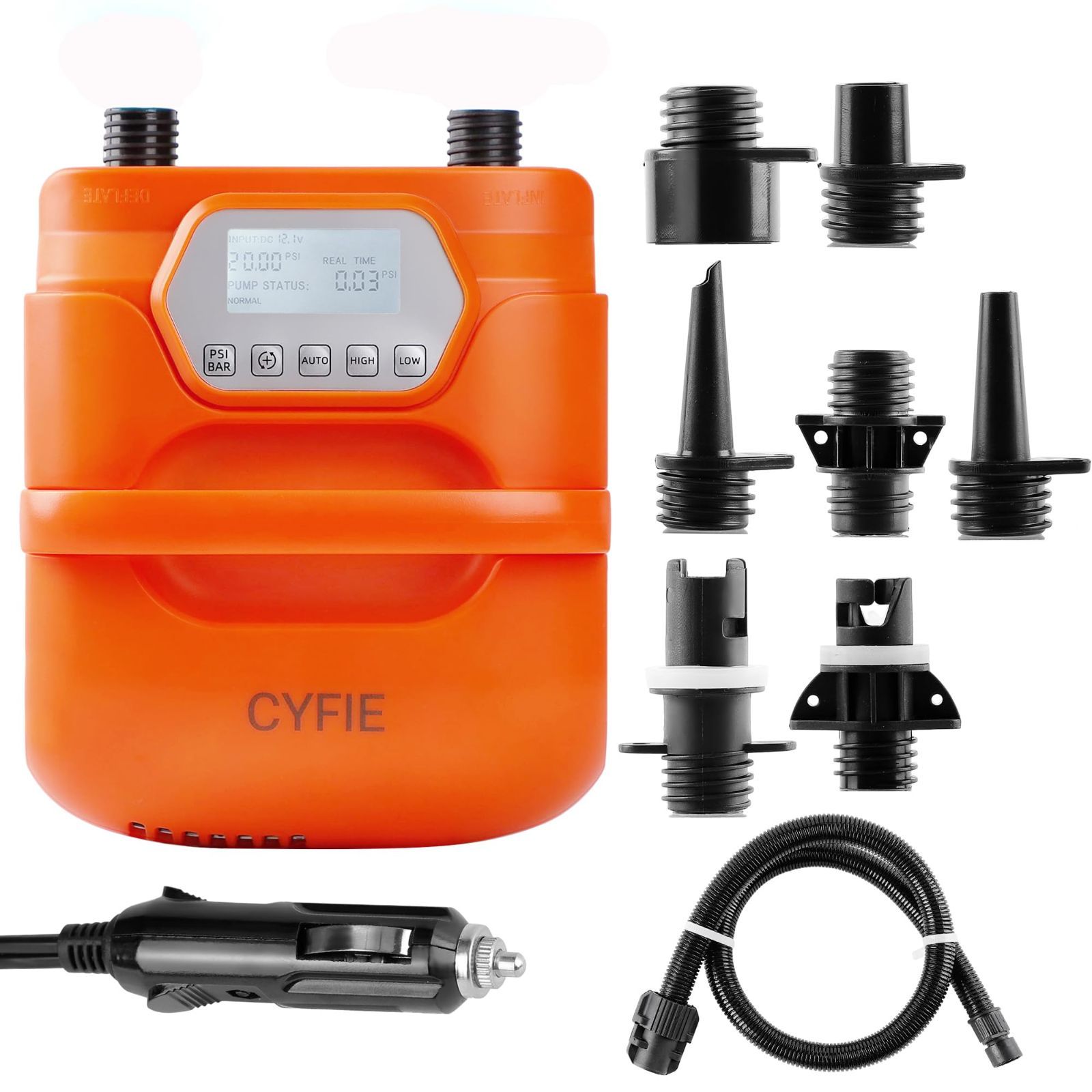 新着商品 電動 空気入れ 携帯ポンプ ハンドル付 DC12-14.4Vシガーライター給電式 7種類のノズル付 日光可読lcd 過熱保護 自動停止 エアーベッド|浮き輪|テント|ヨガボールに適用 空気抜き ゴムボート 電動ポンプ 20PSI 日本語取扱説明書付