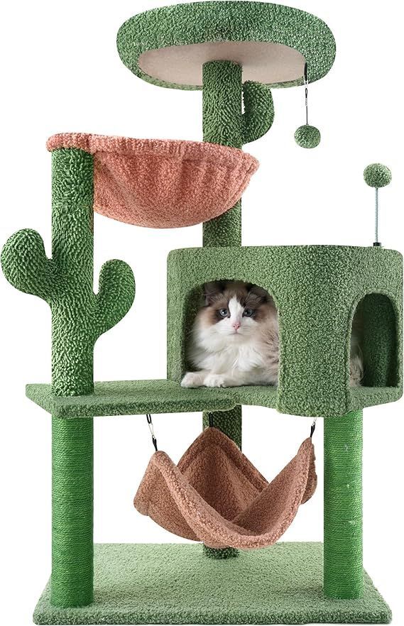 【在庫処分】ROYPET キャットタワー 猫タワー 据え置き ハンモック 隠れ家 猫ハウス 省スペース 爪とぎ 全麻縄巻き 100CM高さ おもちゃつき (グリーン)