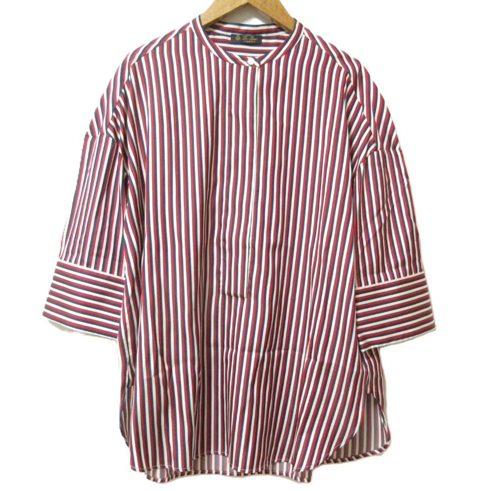 Loro Piana ロロピアーナ ストライプ柄 シルク バンド 七分袖 シャツ ブラウス サイズM レッド系 レディース 古着