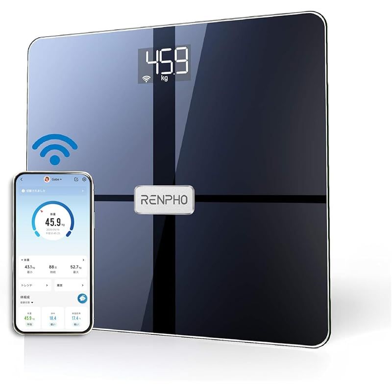 anan 4月 2442号掲載 RENPHO Elis Aspire - スマート体組成計- ブラック レンフォ 体重計 体脂肪計 スマホ連動 第二世代 Wi-Fi Bluetooth対応 ITO技術採用 高精度 アプリ管理 体重 体脂肪率 B