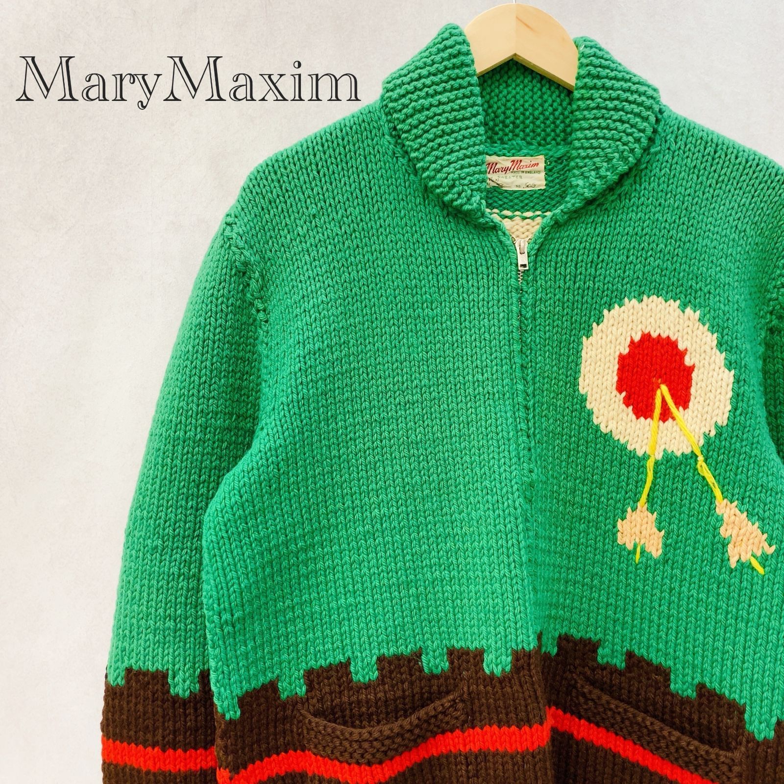 50S 60S Mary Maxim カラー カウチンセーター ジップアップ ニット ジャケット 38 M グリーン 緑 ターゲット柄 ヴィンテージ カウチン カーディガン メンズ