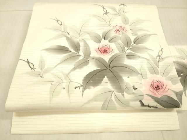 夏帯 名古屋帯 絽塩瀬 美しい花模様 上品な色味 九寸 正絹 着物RO-4335 夏帯 名古屋帯 絽塩瀬 美しい花模様 上品な色味 九寸 正絹 着物
