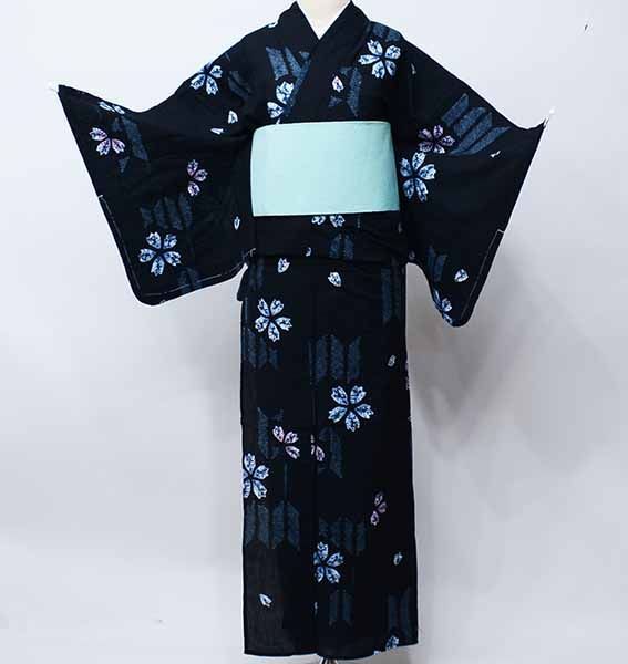 浴衣 単品 女性用 日本製 半身仕立て 綿100％ 黒色 NO42044の