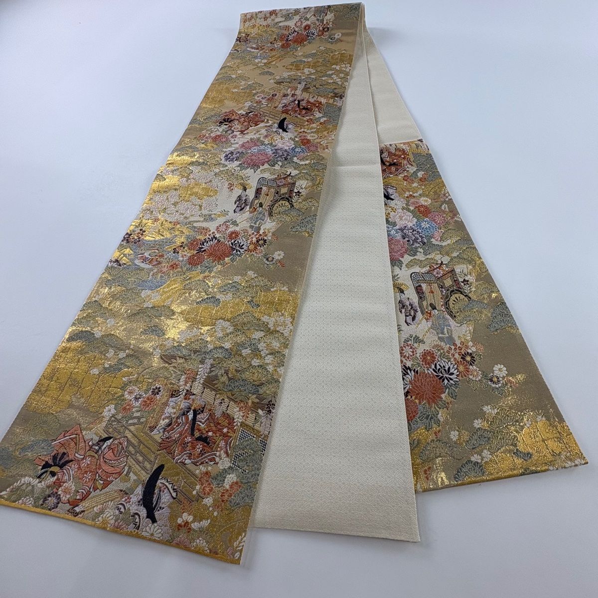 袋帯 美品 秀品 姫 御所車 金糸 箔 金色 六通 正絹 【中古