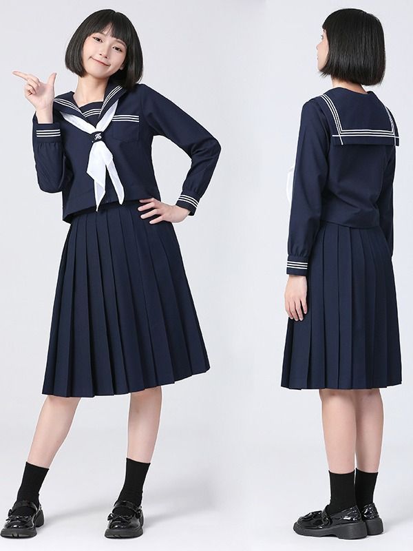 セーラー服 紺色 女子高生 3点セット 仮装 JK 制服 コスチューム 長袖 上下セット プリーツスカート 女子制服 高校生 本格制服 三本線 紺三本 文化祭 学?歳 卒業式 清純 可愛い ハロウィンyunrui