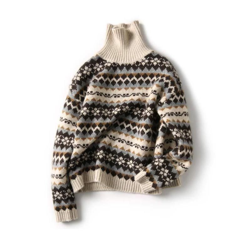 ニット セーター レディース ノルディック柄 プルオーバー 厚手 トップス 女性 長袖 ハイネック タートルネック ノルディック風セーター ゆったり カジュアル 総柄 秋 冬 pdd2705
