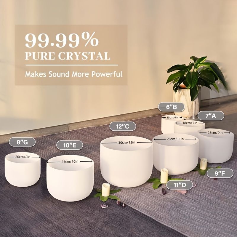 440Hz 7個の滑らかな石英シンギングボウル 15.24-30.48 cm - メディテーションとサウンド療法のための振動治療器具 サウンド治療器具 | 振動治療 | 滑らかなテクスチャー