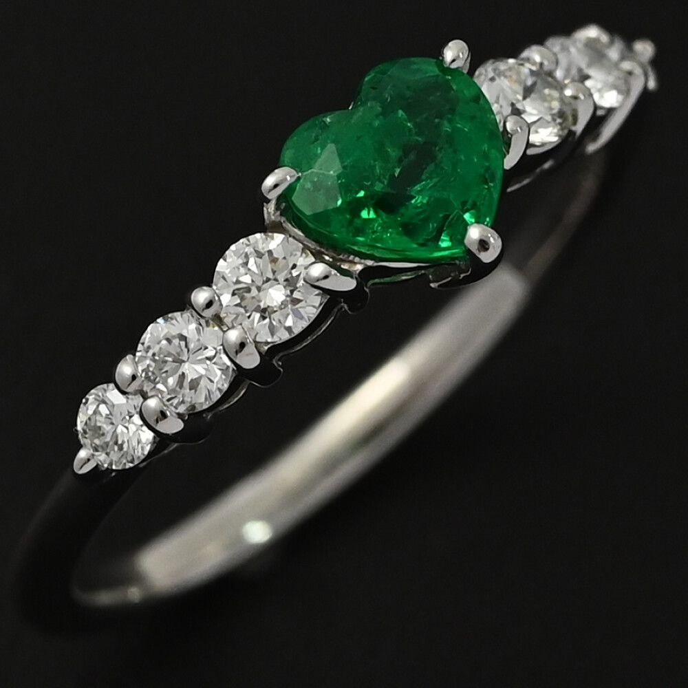 エメラルド＊ハートカットデザインリング Pt900　サイズ13号 EM0.39ct/FD:0.25ct/シンプルライン ハートモチーフ・エメラルド