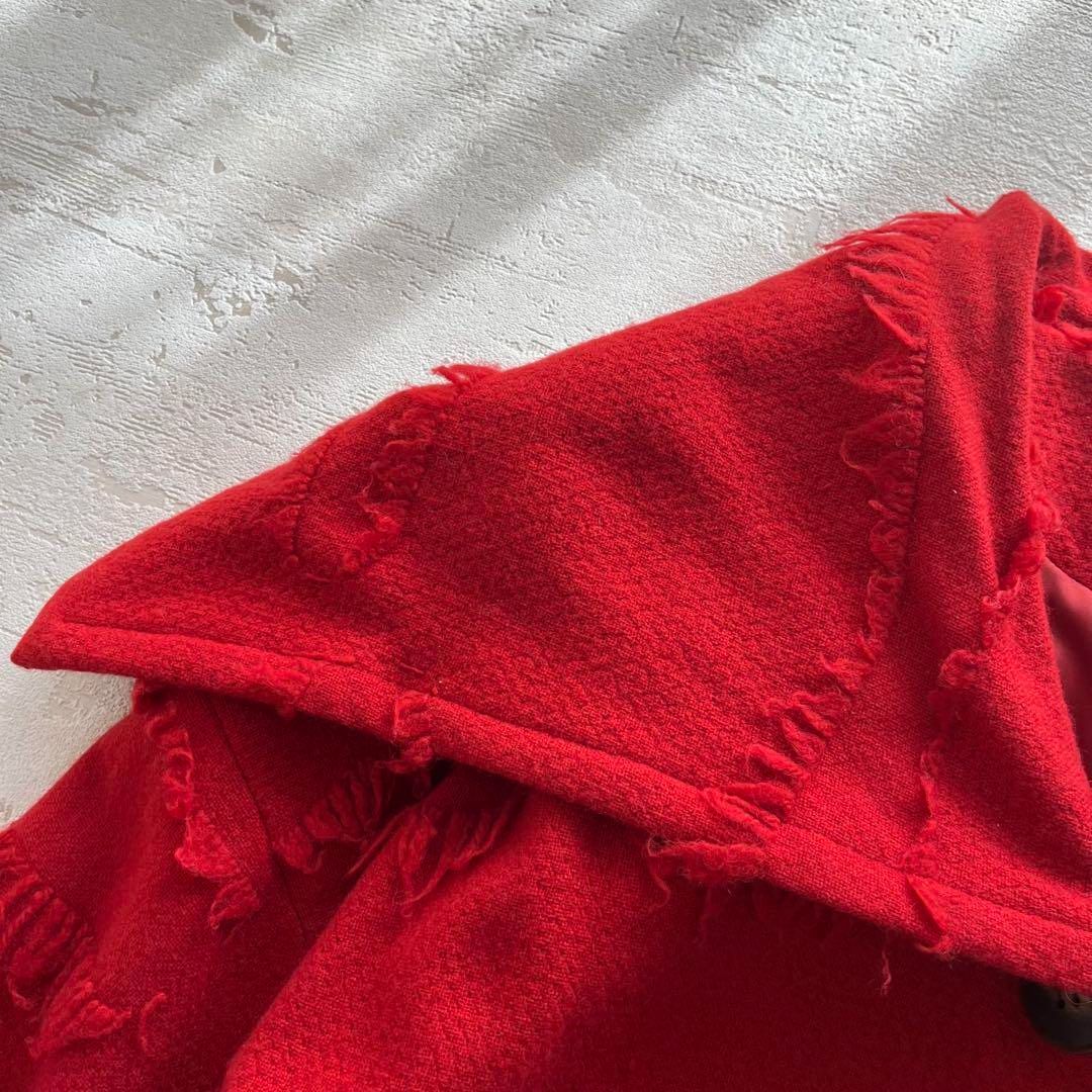 昭和レトロ大きめ襟ウールオーバーコートはフリンジ付きレッドフリーサイズ