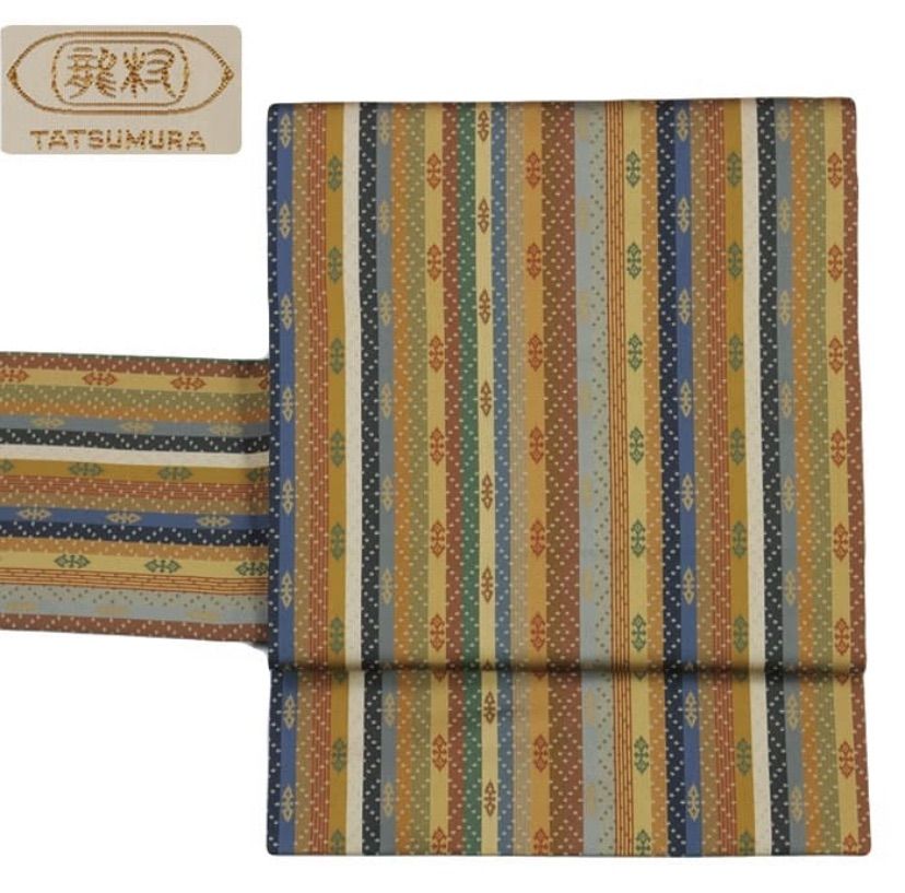 龍村 帯 九寸名古屋帯 正絹 織物 全通 茶系 縞 開き仕立て 老舗 京都西陣