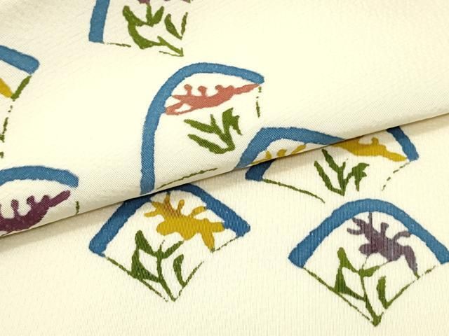 平和屋着物○塩瀬 九寸名古屋帯 絞り 型染め 扇面花間道 象牙色 正絹