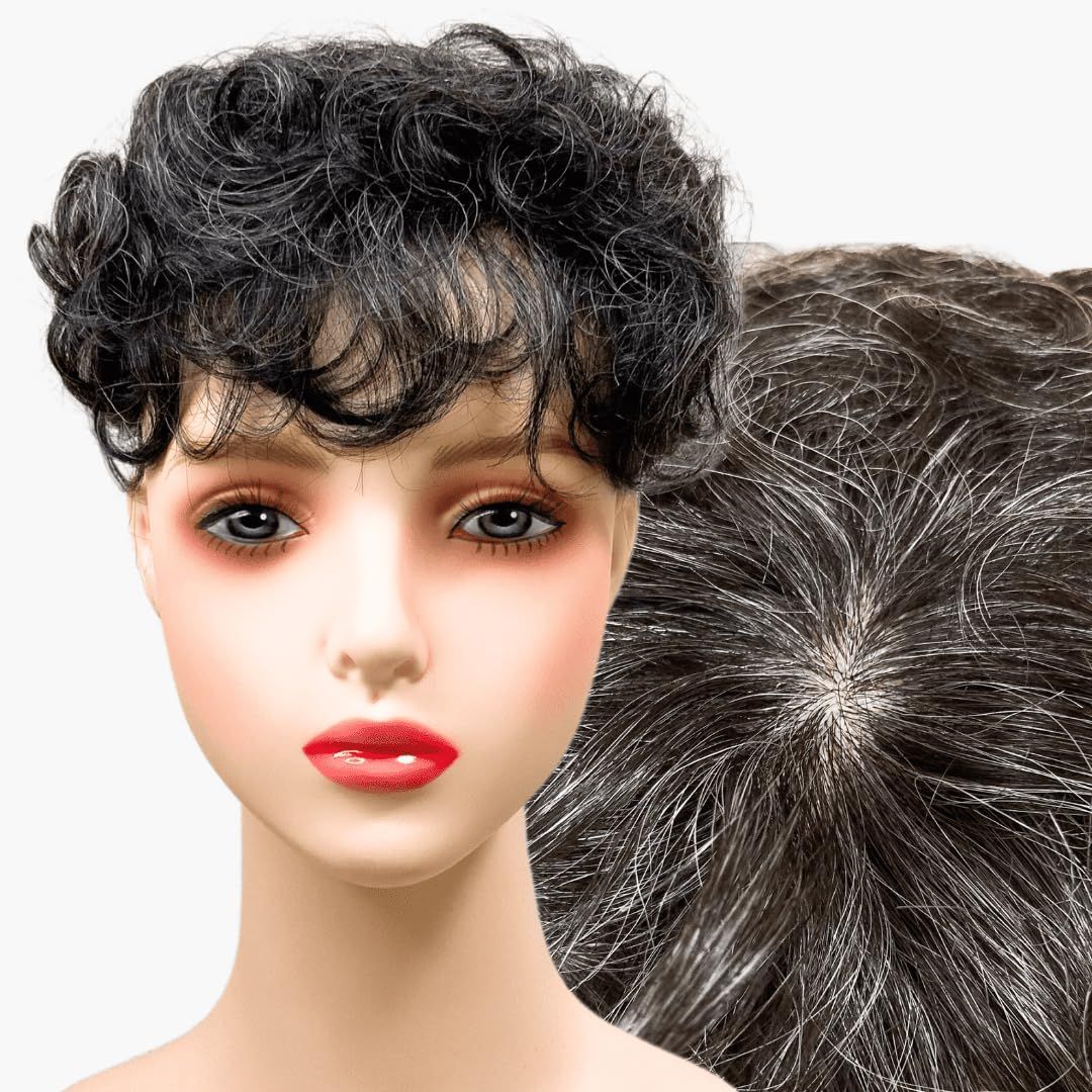 Luce brillare 部分ウィッグ かつら ヘアピース ポイントウィッグ 白髪 グレイヘアー グレイ 女性 レディース 人工毛 ショート 前髪 ストレート 前髪ウィッグ O型つむじ 医療用 つむじ 頭頂部 白2黒8人毛mix グレイヘアーパーマ