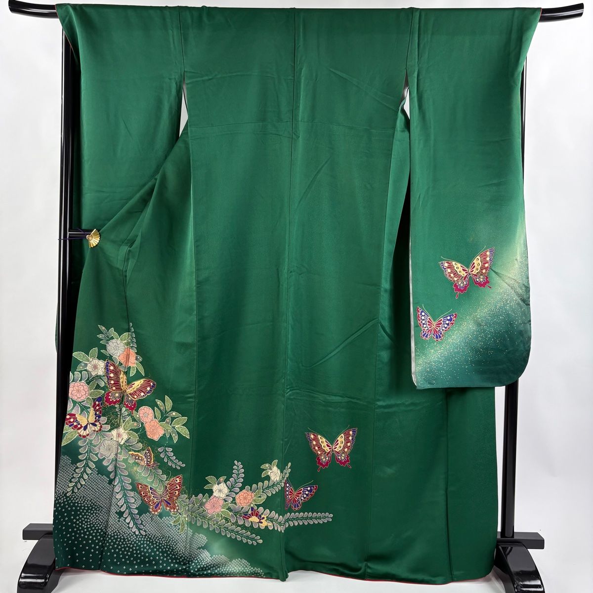 振袖 身丈169cm 裄丈69cm L 袷 蝶 草花 金糸 金彩 緑 正絹 秀品