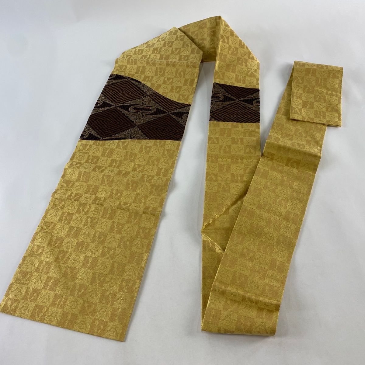 名古屋帯 美品 逸品 鶴菱文 市松 金糸 黄色 正絹 【中古】 名古屋帯
