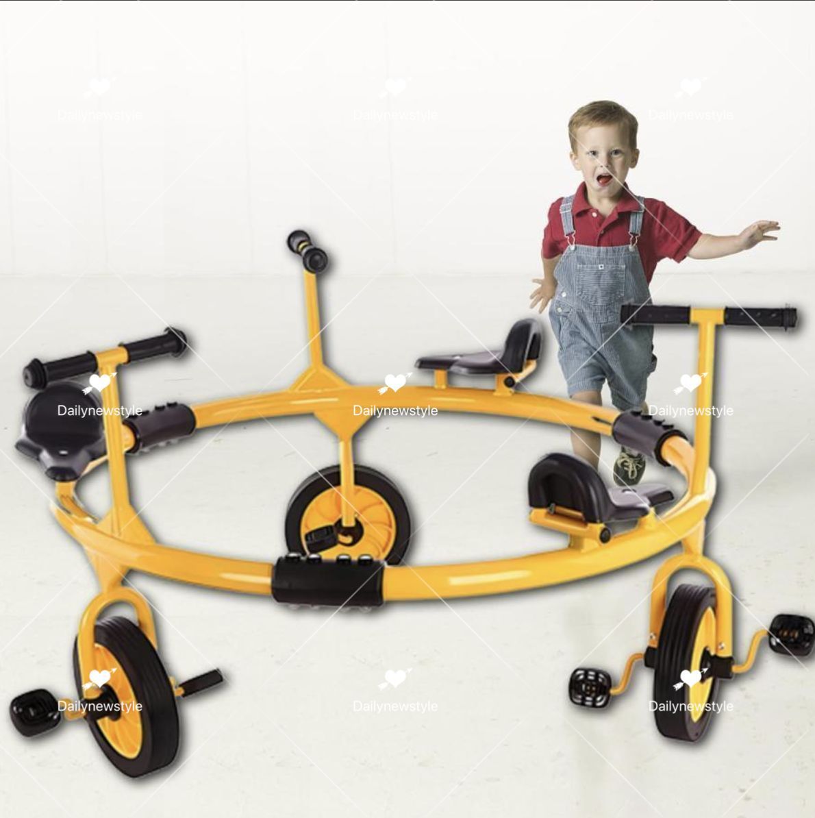 人気推薦◆キッズ3人乗り三輪車 2-8歳用 360°回転幼児用円形三輪車 就学前ペダル円形三輪車 非インフレータブルゴムホイール 少年少女