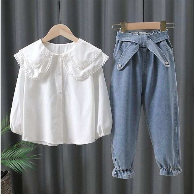 女の子 セットアップ キッズ 春服 長袖 トップス おしゃれ ブラウス デニムパンツ シャツ ジュニア 九分丈パンツ 子ども服 nee3c258799