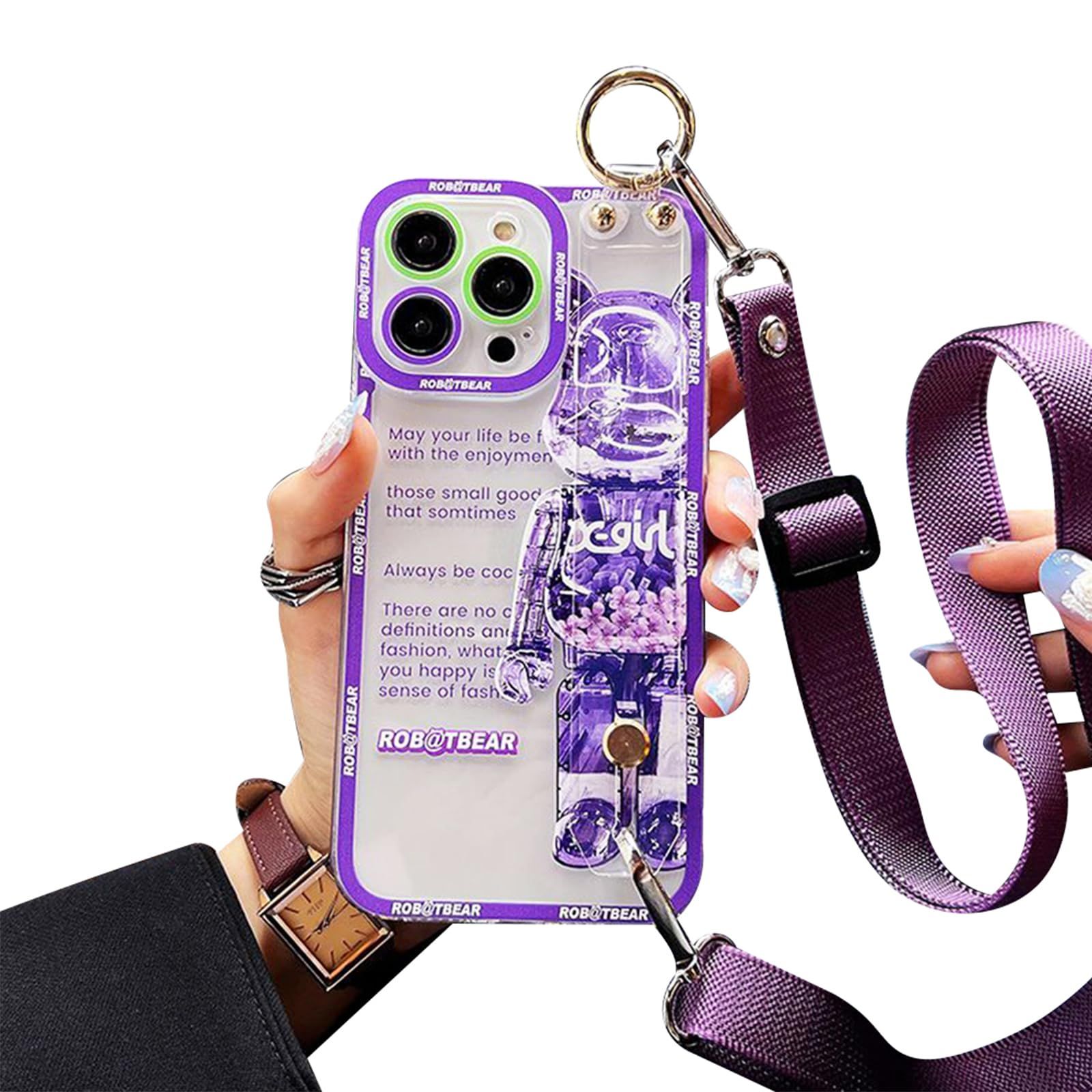 【在庫処分】Arpe 可愛い カウズ ベアブリック スマホケース iPhone 15 用 ケース ショルダーストラップ 首かけストラップ 携帯ストラップ キックスタンド リストレット シリカゲル保護カバー 