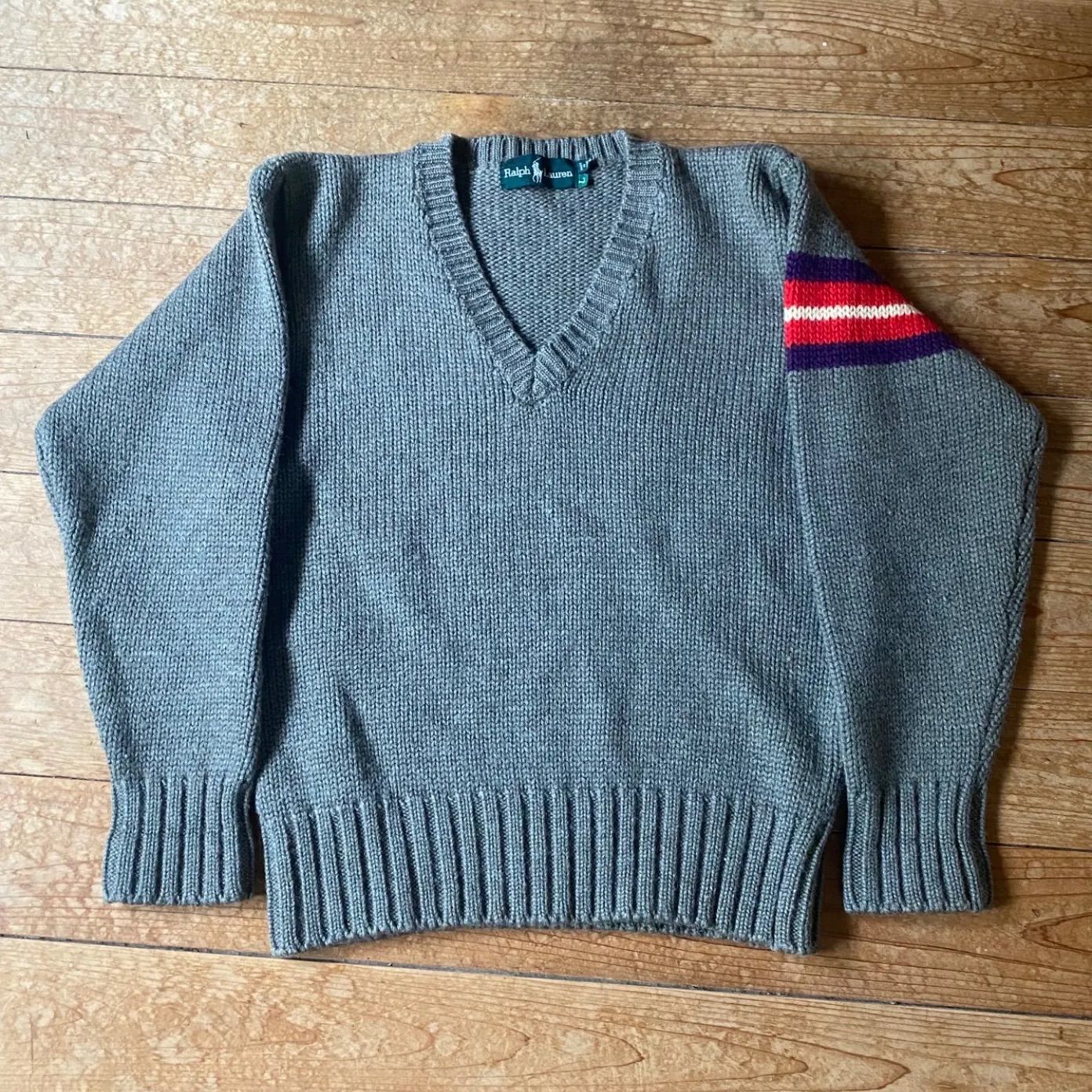 【80's】Ralph Lauren アームラインVネックニットオリーブ古着ラルフローレンセーター